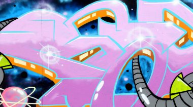 Duvarında parlak aerosol çizgileri olan grafiti resimlerinin renkli arka planı. Eski moda sokak sanatı sprey boya kutularından yapılmış. Çağdaş gençlik kültürü arka planı