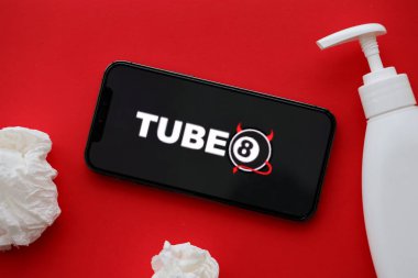 KYIV, UKRAINE - 23 Ocak 2024 Tube8 yetişkin içeriği web sitesi logosu iPhone 12 Pro akıllı telefon ekranında