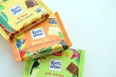 TERNOPIL, UKRAINE - JULY 7, 2023 Ritter Sport Chocolate square bars with exotic taste close up clipart