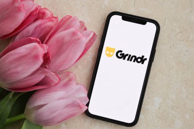 KYIV, UKRAINE - 23 Şubat 2024 Ünlü çöpçatanlık sitesi veya iPhone ekranındaki uygulamanın logosu