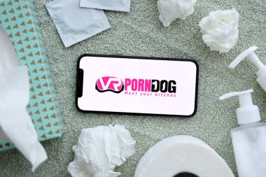 KYIV, UKRAINE - 23 HAZİRAN 2024 VRPornDog yetişkin içeriği web sitesi logosu iPhone 12 Pro akıllı telefon ekranında