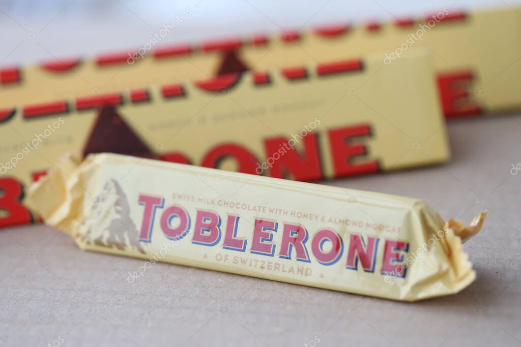 KYIV, UKRAINE - OCTOBER 31, 2023 Yellow Toblerone Chocolate Bar. Toblerone originated in Switzerland around 1908 and created by Theodor Tobler