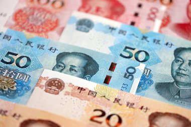 Çin Halk Cumhuriyeti 'nin bir sürü para faturası. PRC Yuan banknotları kapatın
