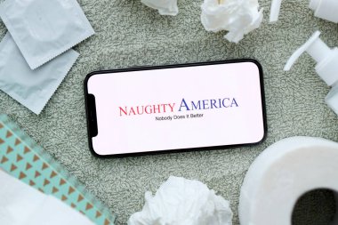 KYIV, UKRAINE - 23 HAZİRAN 2024 Yaramaz Amerika yetişkin içeriği web sitesi logosu iPhone 12 Pro akıllı telefon ekranında