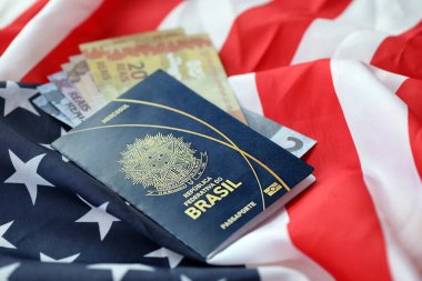 Mavi Brezilya pasaportu ve Amerika Birleşik Devletleri ulusal bayrağındaki para yakın plan. Turizm ve diplomasi kavramı