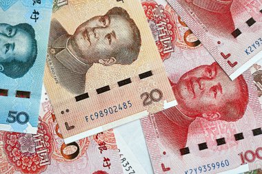 Çin Halk Cumhuriyeti 'nin bir sürü para faturası. PRC Yuan banknotları kapatın