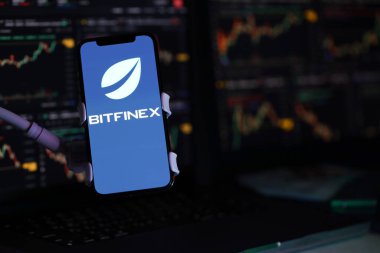 KYIV, UKRAINE - iPhone ekranında 15 Mart 2024 Btfinex logosu ve kripto para birimi değer grafikleri. Kripto döviz portalı