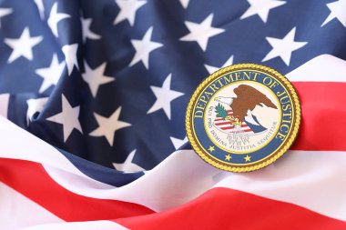 KYIV, UKRAINE - 9 Mart 2024 ABD Adalet Bakanlığı Amerika Birleşik Devletleri bayrağını kapattı