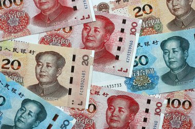 Çin Halk Cumhuriyeti 'nin bir sürü para faturası. PRC Yuan banknotları kapatın