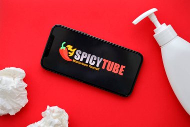 KYIV, UKRAINE - 23 Ocak 2024 SpicyTube yetişkin içeriği web sitesi logosu iPhone 12 Pro akıllı telefon ekranında