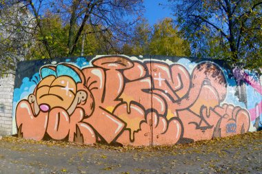 Duvara sokak sanatı grafitisinin balık gözü resmi. Sanat eserini farklı renklerde ve hatlarda spreyleyin. Yasadışı vandalizm kavramı