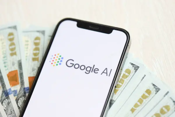 Stock image KYIV, UKRAINE - MARCH 17, 2024 Google AI logo on iPhone display screen with many hundred dollar bills. Artificial Intelligence engine