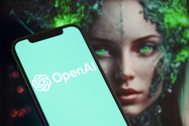 KYIV, UKRAINE - İPhone ekranında 17 Mart 2024 OpenAI logosu Yapay Zeka fütüristik ai tarafından oluşturulmuş yakın plan görüntüsü
