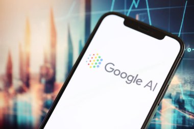 KYIV, UKRAINE - MARCH 17, 2024 Google AI logo on iPhone display screen with background of artificial intelligence futuristic ai generated image close up clipart