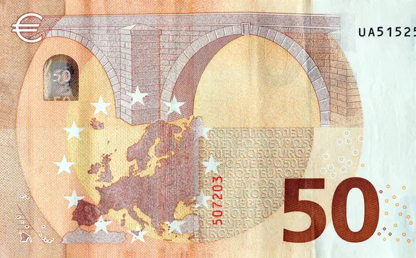 150 Euro 'luk para banknotunun bir parçası. Avrupa Birliği 'nin 50 avroluk banknotunun ayrıntıları