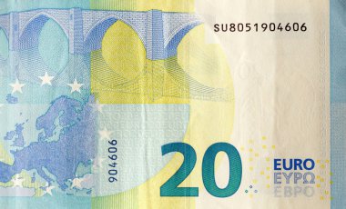 20 Euro 'nun bir parçası. Avrupa Birliği 'nin 20 avroluk banknotunun ayrıntıları