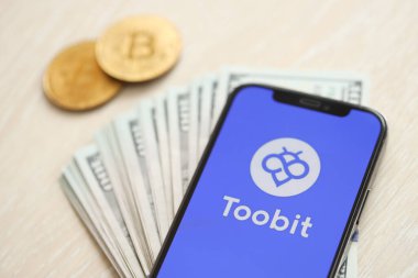 KYIV, UKRAINE - 15 Mart 2024 Toobit logosu iPhone ekranında dolar ve bitcoin ile. Kripto döviz portalı
