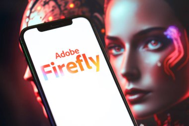 KYIV, UKRAINE - 17 Mart 2024 Adobe Firefly logosu iPhone ekranında soyut arkaplan görüntüsü