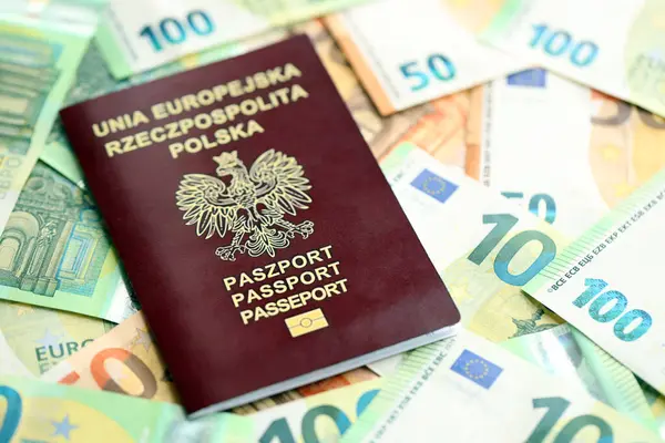 Passaporte Vermelho Polonês Grande Quantidade Notas Euro Europeias Fechar — Fotografia de Stock