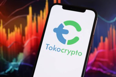 KYIV, UKRAINE - iPhone ekranında 15 Mart 2024 Tokocrypto logosu ve kripto para birimi değer grafikleri. Kripto döviz portalı