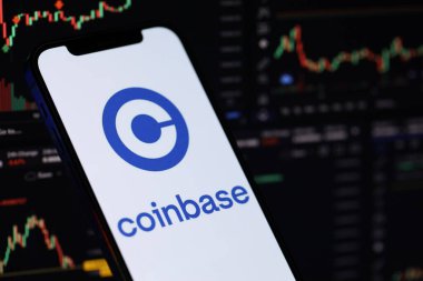 KYIV, UKRAINE - MARCH 15, 2024 Coinbase logo on iPhone display screen and crypto currency value charts. Cryptocurrency exchange portal clipart