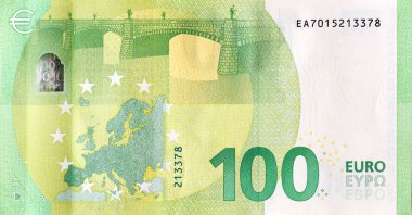 Yüz avroluk para banknotunun bir parçası. Avrupa Birliği para birimi banknotunun ayrıntıları 100 avro yakın plan