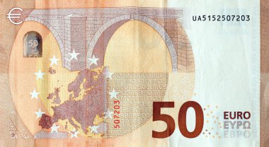 150 Euro 'luk para banknotunun bir parçası. Avrupa Birliği 'nin 50 avroluk banknotunun ayrıntıları