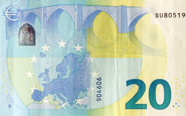 20 Euro 'nun bir parçası. Avrupa Birliği 'nin 20 avroluk banknotunun ayrıntıları