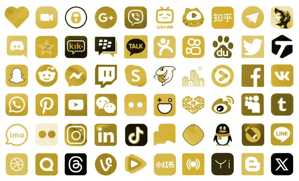 stock image KYIV, UKRAINE - APRIL 1, 2024 Many icons of social media, messengers, video sharing platforms and other popular services and websites printed on white paper in brown color