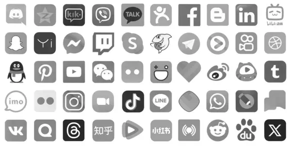 stock image KYIV, UKRAINE - APRIL 1, 2024 Many icons of popular social media, messengers, video sharing platforms and other smartphone services printed on white paper in grey color