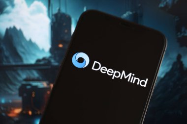 KYIV, UKRAINE - İPhone ekranında 17 Mart 2024 tarihli derin zihin logosu Yapay zeka fütüristik ai 'nin oluşturduğu arkaplan yakın plan görüntüsü