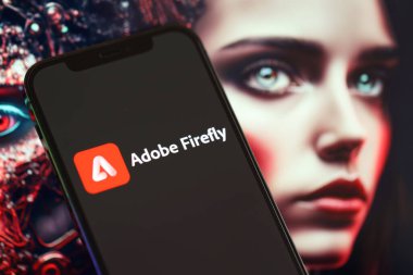 KYIV, UKRAINE - 17 Mart 2024 Adobe Firefly logosu iPhone ekranında arkaplanda yapay zeka fütüristik ai 'nin oluşturduğu yakın plan görüntüsü