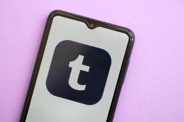 KYIV, UKRAINE - Nisan 1, 2024 Mor masadaki akıllı telefon ekranında Tumblr simgesi. Leylak arka planında uygulama logosu olan iPhone görüntüsü