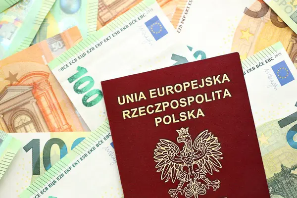 Passaporte Vermelho Polonês Grande Quantidade Notas Euro Europeias Fechar — Fotografia de Stock