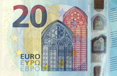 20 Euro 'nun bir parçası. Avrupa Birliği 'nin 20 avroluk banknotunun ayrıntıları