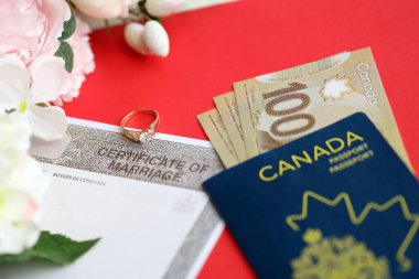 Kanada Evlilik Sertifikası ve Kanada doları ve pasaportlu nikah yüzüğü.