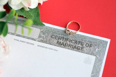 Kanada Evlilik Sertifikası boş belge ve nikah yüzüğü