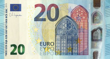 20 Euro 'nun bir parçası. Avrupa Birliği 'nin 20 avroluk banknotunun ayrıntıları