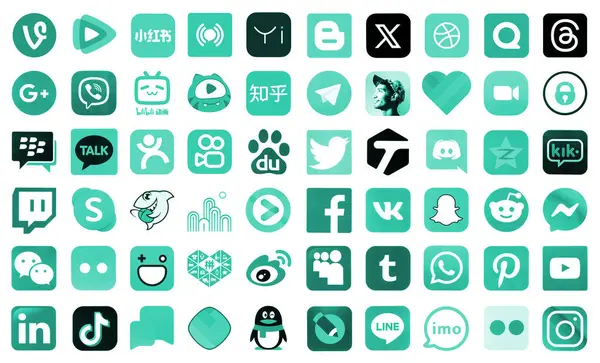stock image KYIV, UKRAINE - APRIL 1, 2024 Many icons of social media, messengers, video sharing platforms and other popular services and websites printed on white paper in turquoise color