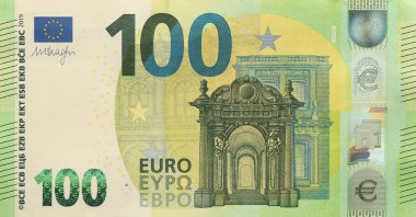 Yüz avroluk para banknotunun bir parçası. Avrupa Birliği para birimi banknotunun ayrıntıları 100 avro yakın plan