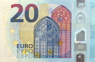20 Euro 'nun bir parçası. Avrupa Birliği 'nin 20 avroluk banknotunun ayrıntıları