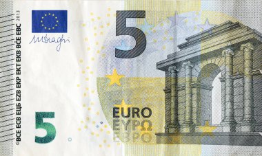 Beş avroluk bir para banknotunun parçası. Avrupa Birliği 'nin beş avroluk banknotunun renkli detayları.