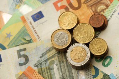 Bir sürü Avrupa Avrosu para ve bozuk para. Avrupa Birliği para biriminin çok sayıda banknotu