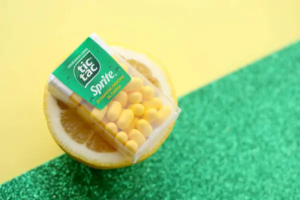 stock image KYIV, UKRAINE - APRIL 20, 2024 Tic Tac hard mints limited series Sprite with lemon and lime flavored taste. Tic Tac Hard mints produced by Ferrero since 1968