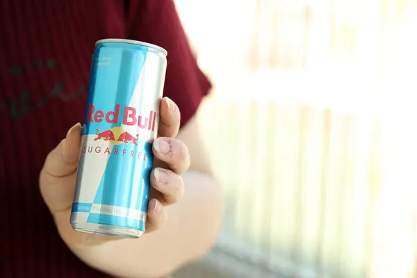 stock image KYIV, UKRAINE - APRIL 20, 2024 Red Bull Zero Sugar drink in aluminum tin can close up