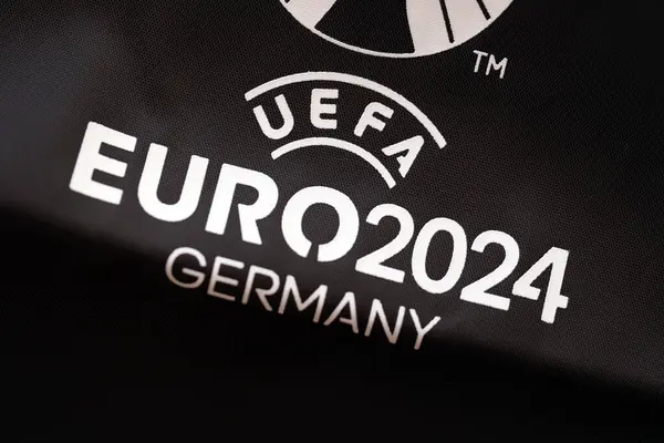 stock image KYIV, UKRAINE - APRIL 20, 2024 Official UEFA Euro 2024 Germany logotype on souvenir production in fan store close up