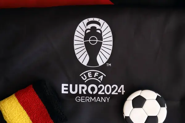 stock image KYIV, UKRAINE - APRIL 20, 2024 Official UEFA Euro 2024 Germany logotype on souvenir production in fan store close up