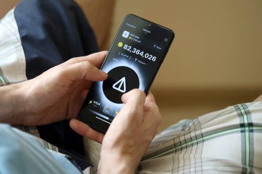 KYIV, UKRAINE - 20 Nisan 2024 Akıllı telefon ekranında Notcoin telgraf robotu. Notcoin sanal bir şifreleme işleterek hatıra kazanmak için kullanılan bir viral Telegram tabanlı şifreleme oyunudur.