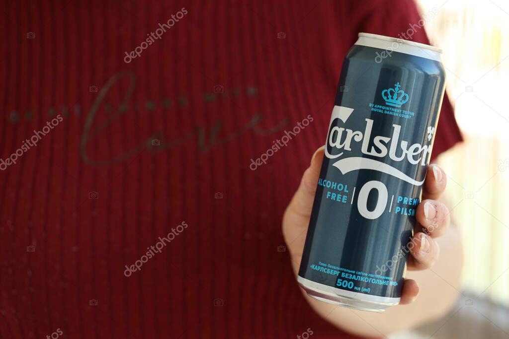 KYIV, UKRAINE - APRIL 20, 2024 Carlsberg zero alcohol beer drink in aluminum tin can close up