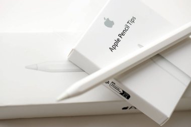 KYIV, UKRAINE - 20 Nisan 2024 iPad tabletinde çizim yapmak için özel elma kalemi uçları